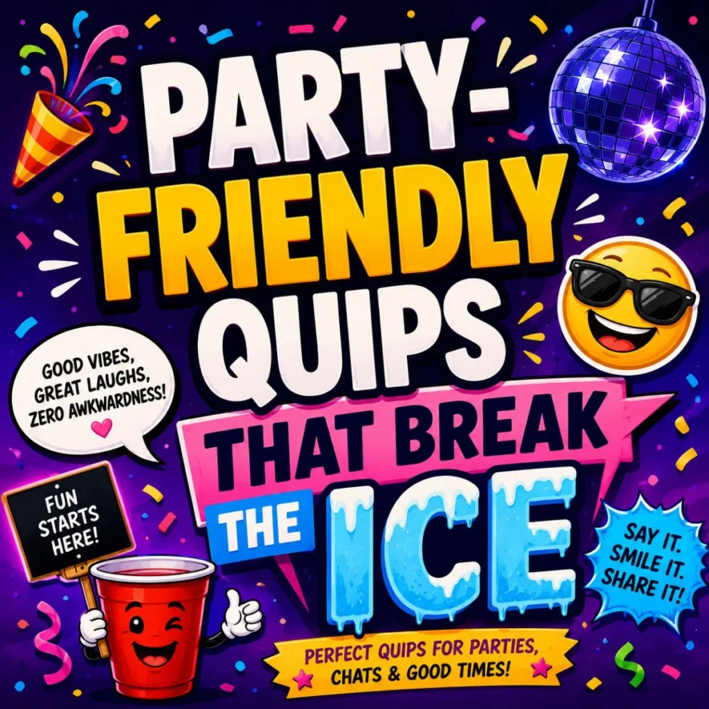 Party-friendly quips poster with disco ball, confetti, smiling cup, emoji, and bold icebreaker text