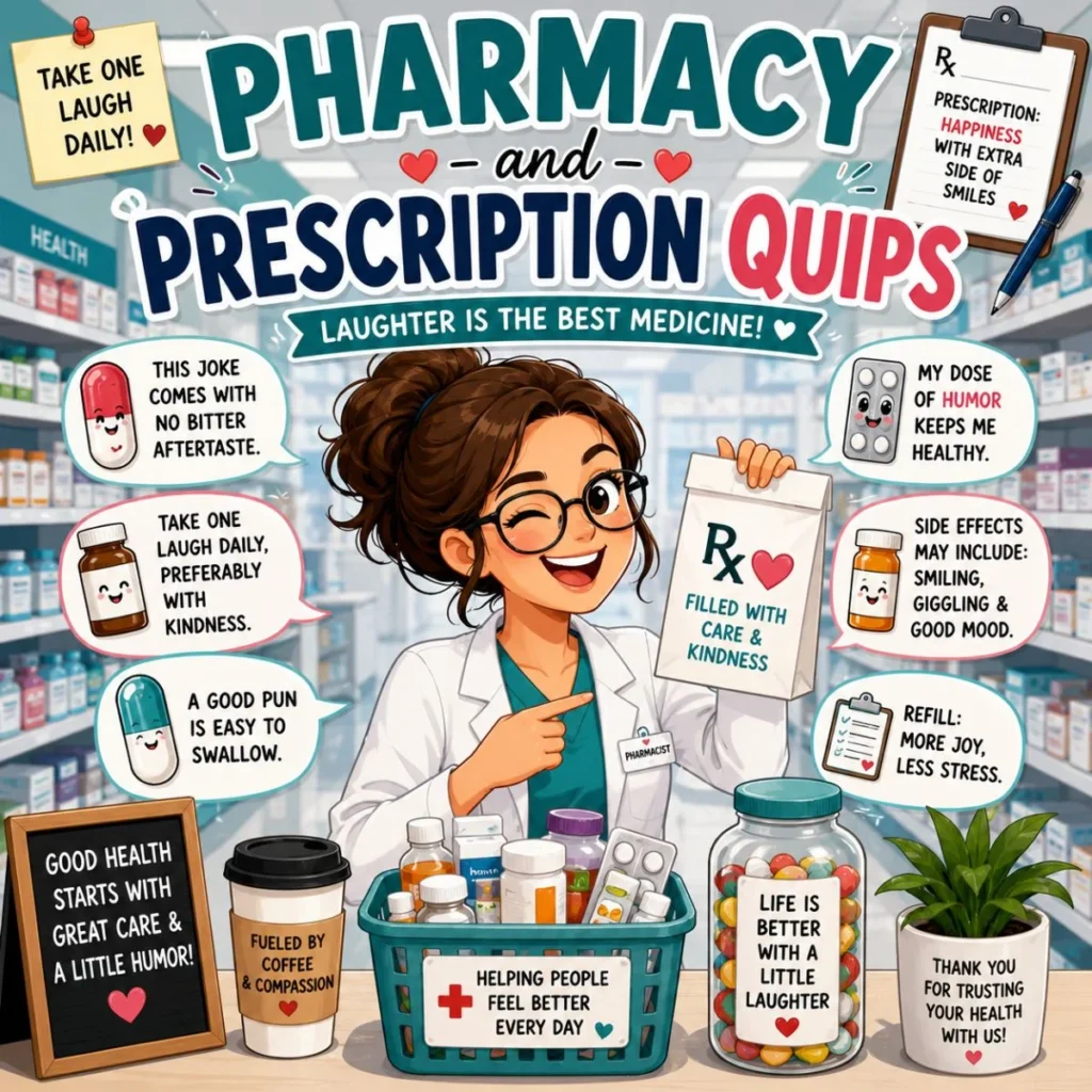 Smiling pharmacist with prescription quips, medicine bottles, and clean pharmacy humor
