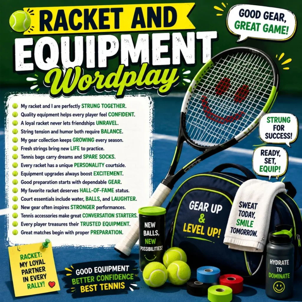 Tennis racket and equipment wordplay poster with gear bag, balls, towel, and funny tennis quotes