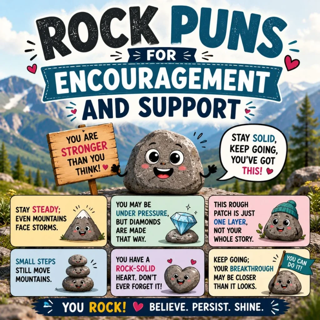 Encouraging rock puns poster with smiling cartoon stones, mountains, and supportive messages