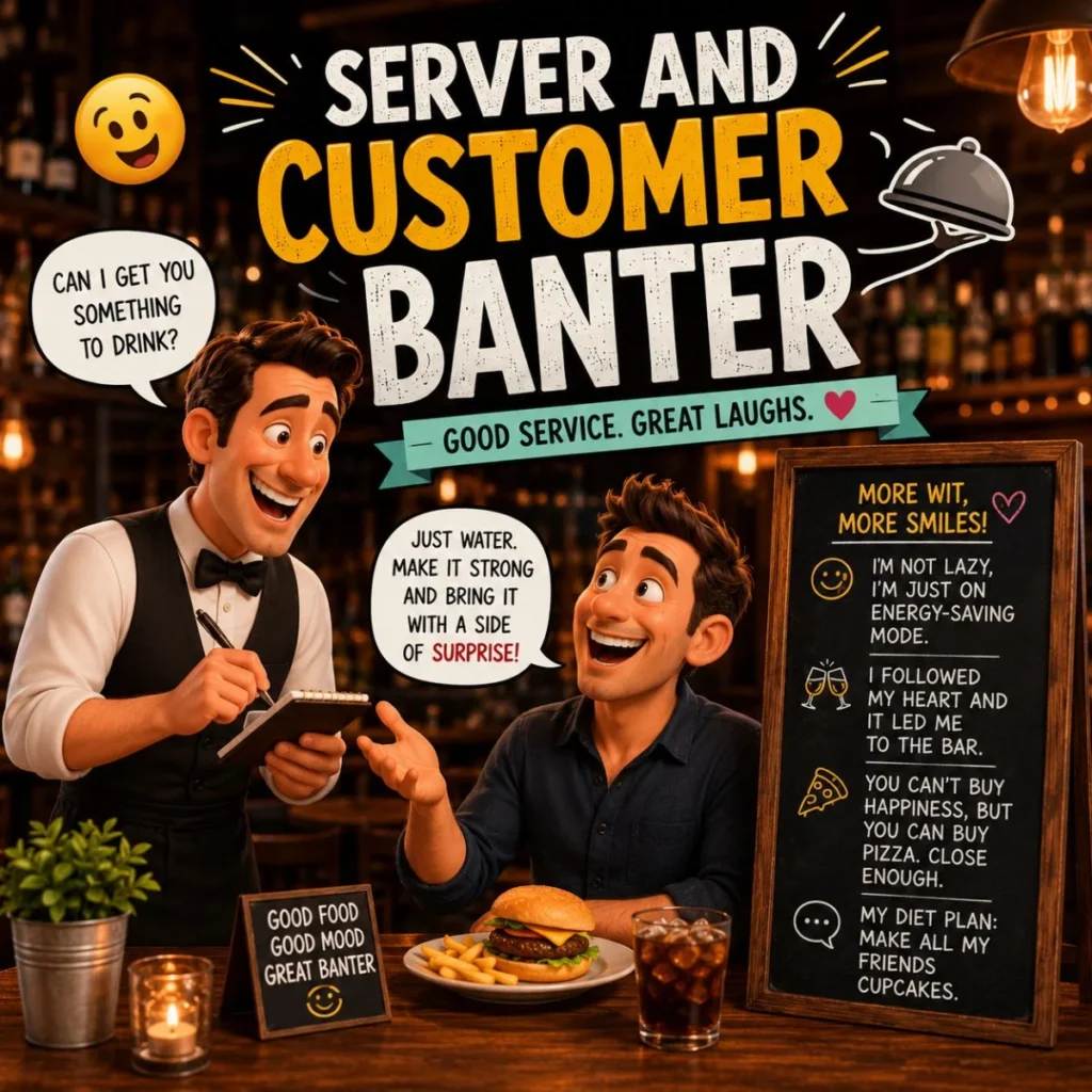 Funny server and customer banter poster with waiter, smiling diner, speech bubbles, and restaurant humor