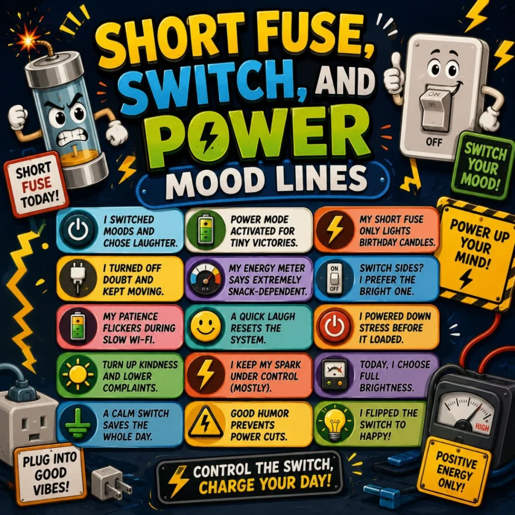 Short fuse switch and power mood lines poster with fuse, light switch, lightning, and positive energy quotes