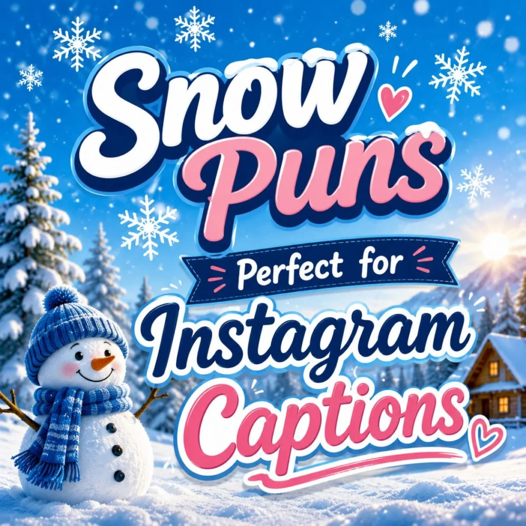 Snow puns Instagram captions image with snowman, snowy trees, cabin, and playful winter text