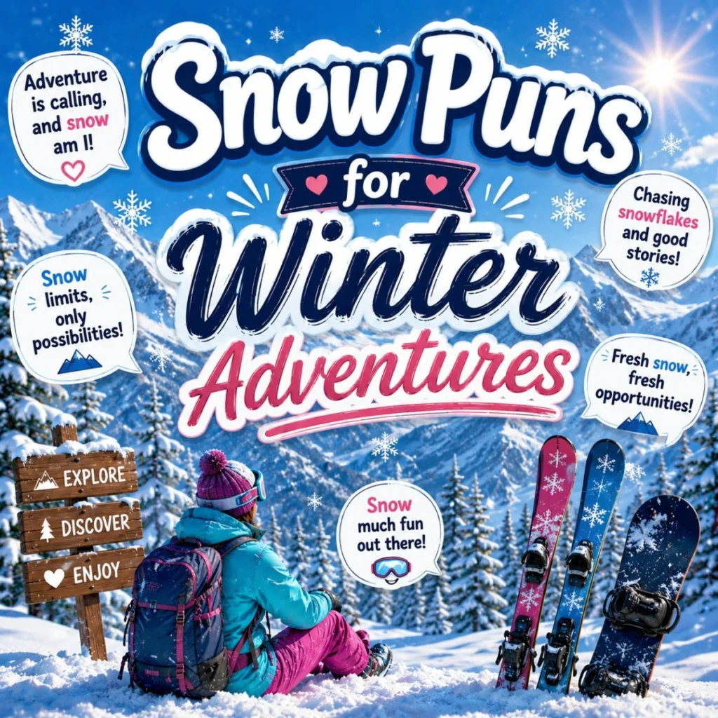 Snow puns winter adventures image with snowy mountains, skier, snowboards, and playful caption bubbles