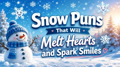Snow puns winter banner with smiling snowman, cute snowflakes, and cheerful snowy landscape