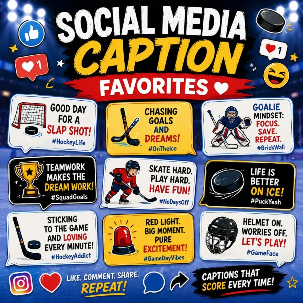 Hockey social media captions poster with funny puns, hashtags, rink graphics, and game-day quotes