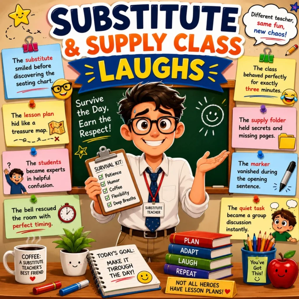 Substitute and supply class laughs poster with smiling teacher, classroom jokes, books, and funny school notes