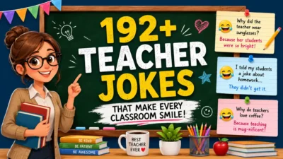 Teacher jokes classroom poster with smiling teacher, chalkboard, books, and funny school humor