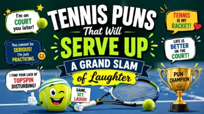 Colorful tennis puns graphic with racket, trophy, smiling ball, and funny court jokes