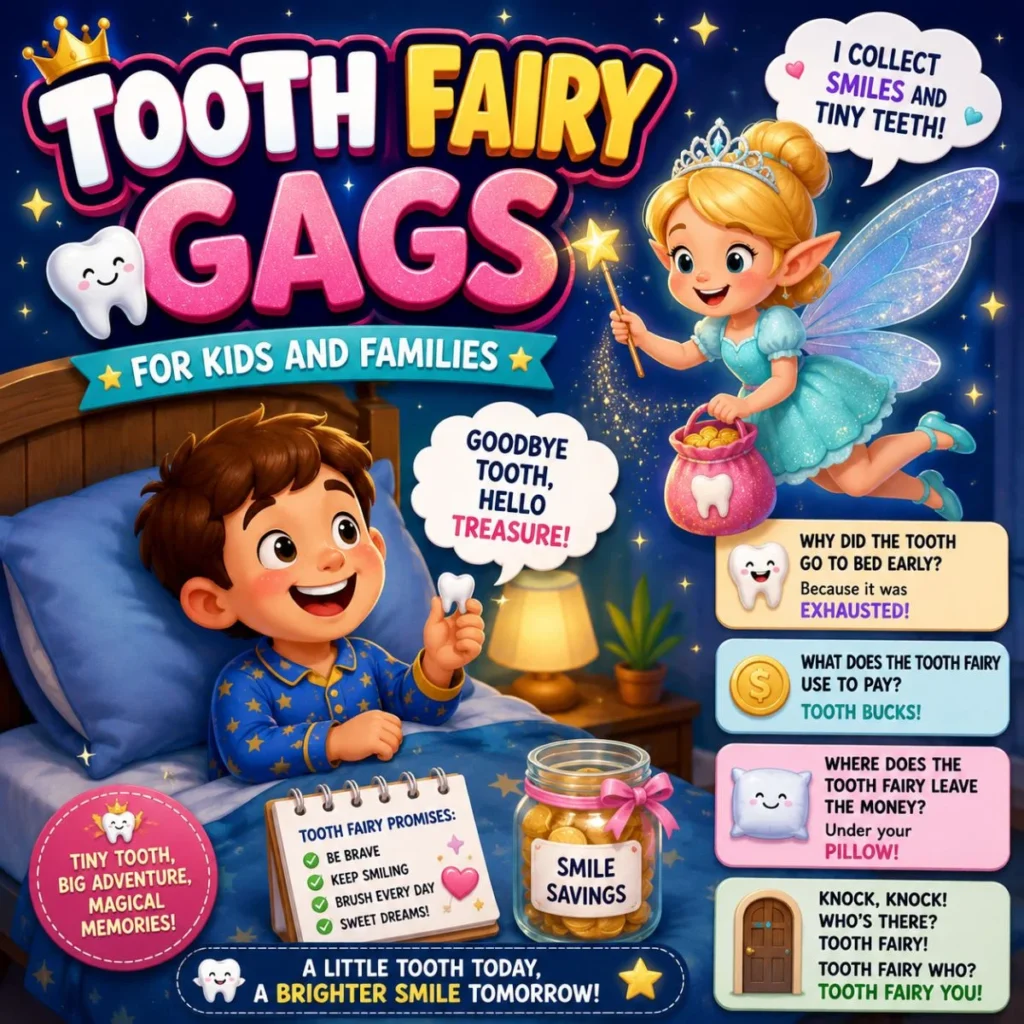 Tooth fairy poster with smiling child, magical fairy, coins, bedtime jokes, and family dental fun