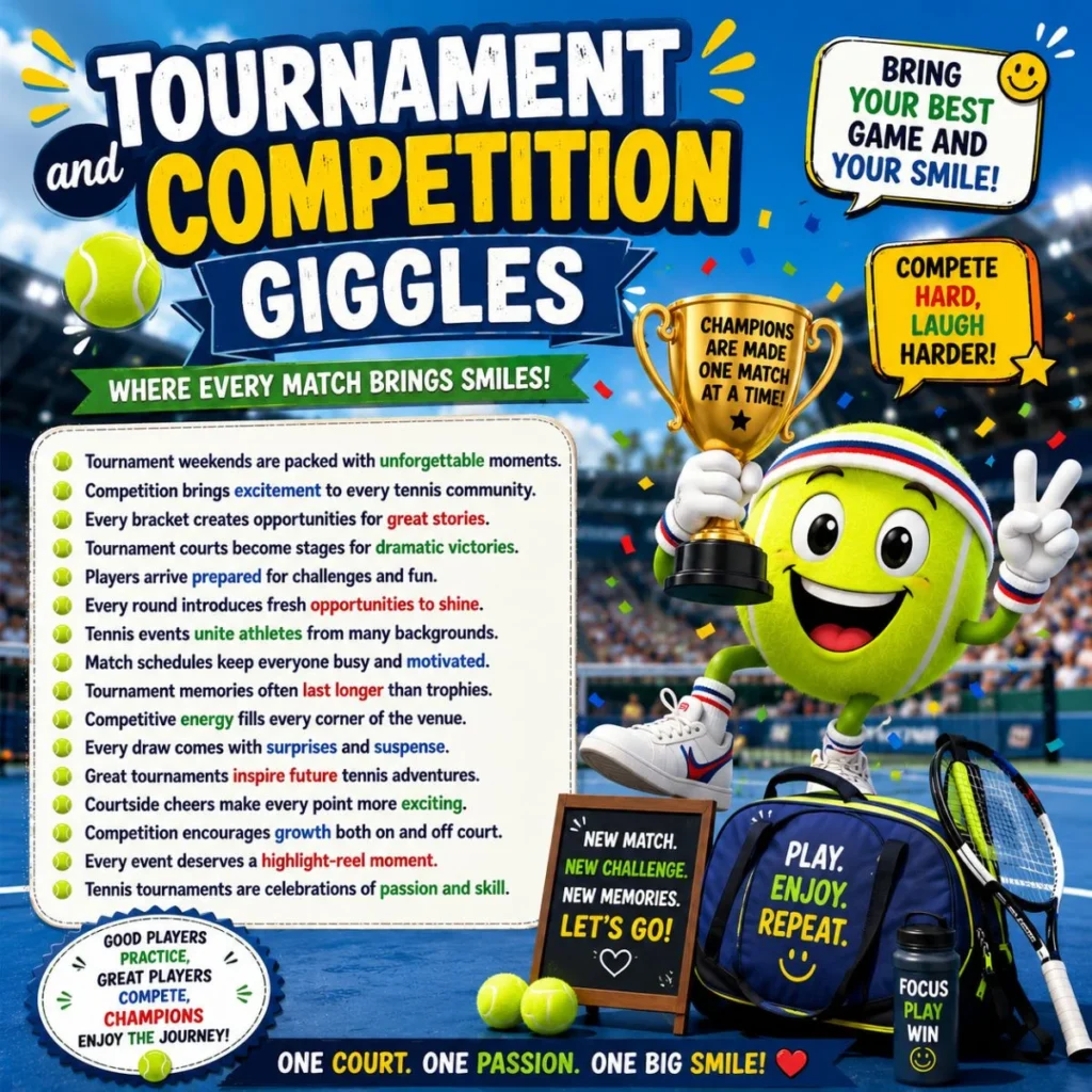 Tennis tournament humor poster with smiling ball mascot, trophy, racket, gear bag, and competition jokes