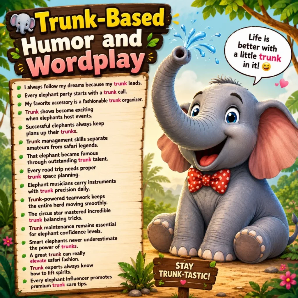 Cute cartoon elephant with trunk-themed puns and humorous wordplay in a colorful jungle illustration