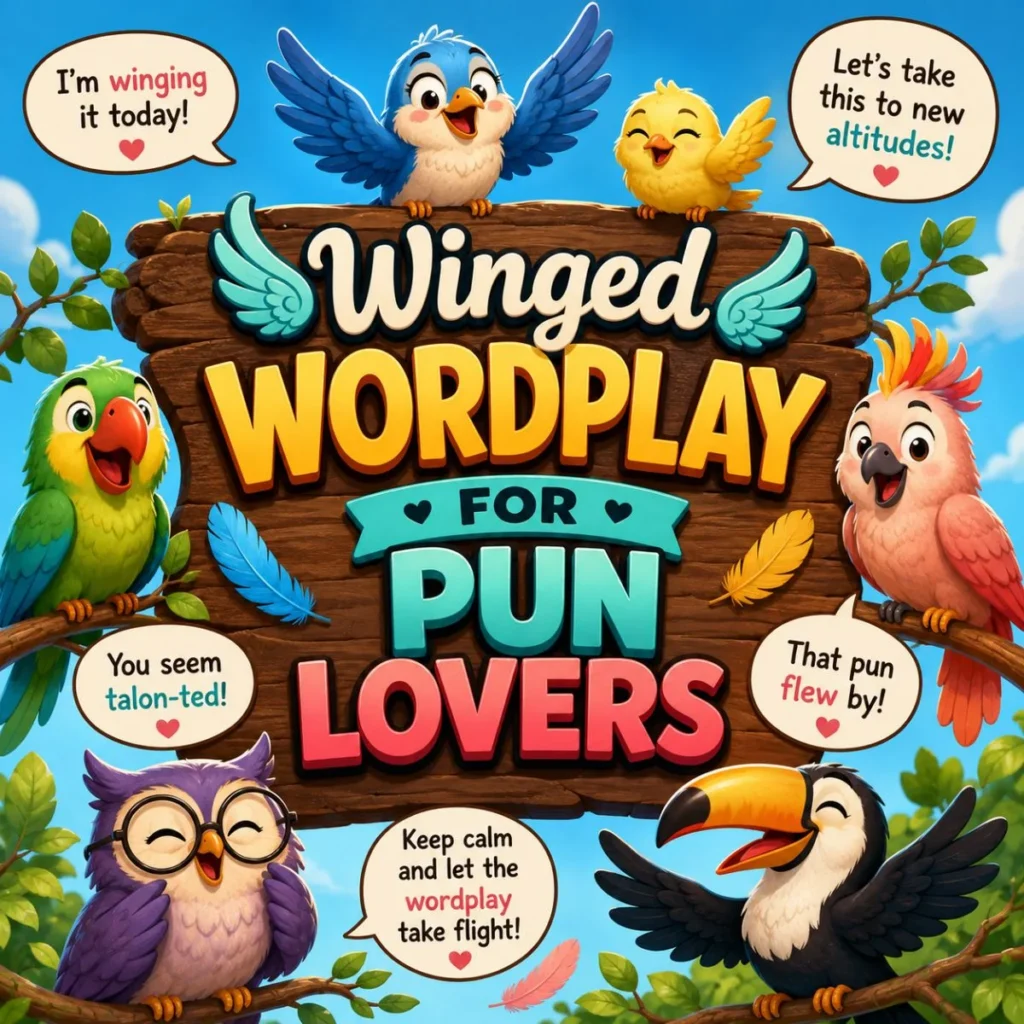 Colorful winged wordplay poster with cartoon birds, bird puns, speech bubbles, and bright sky