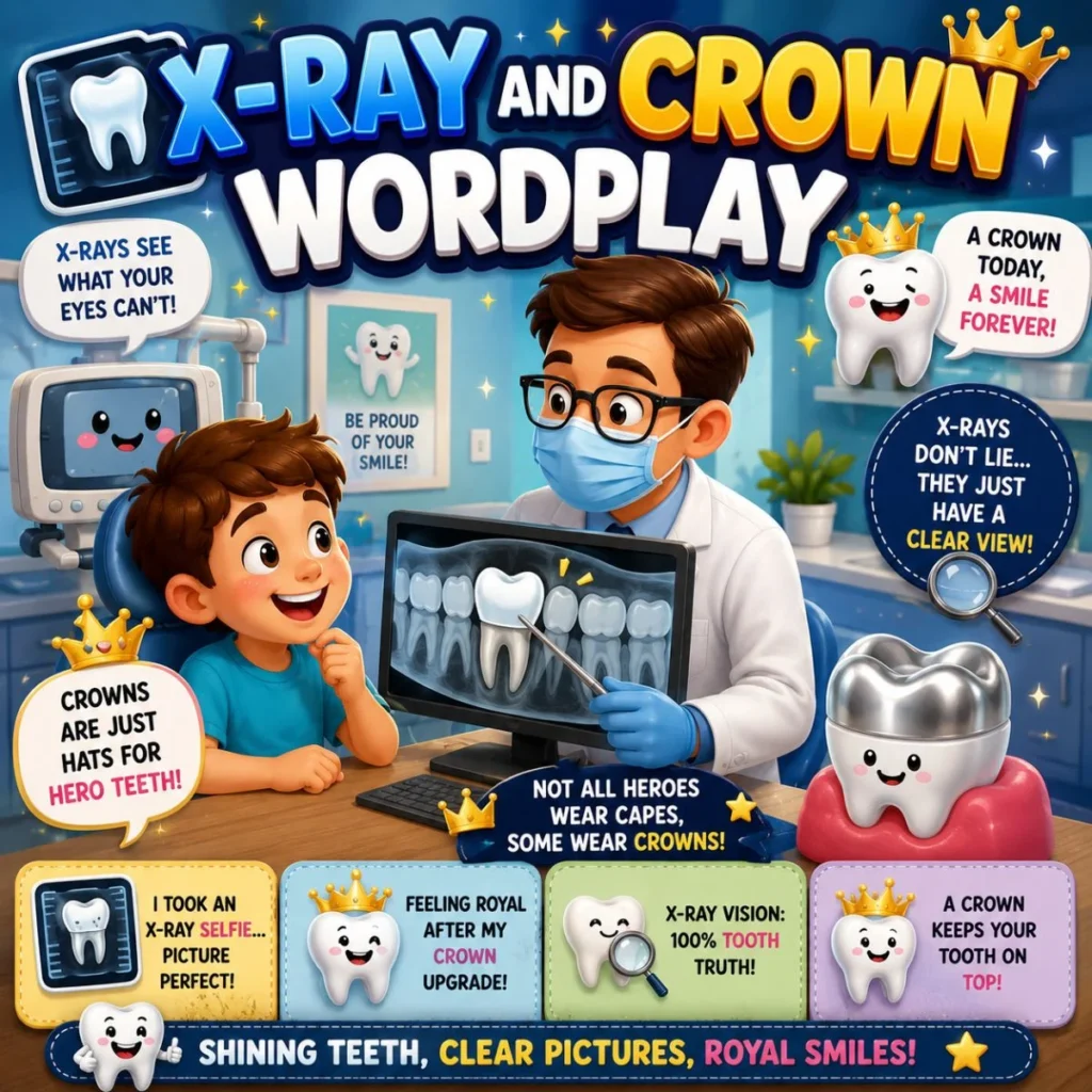 Cartoon x-ray and crown dental poster with dentist, child, tooth screen, crowns, and playful wordplay