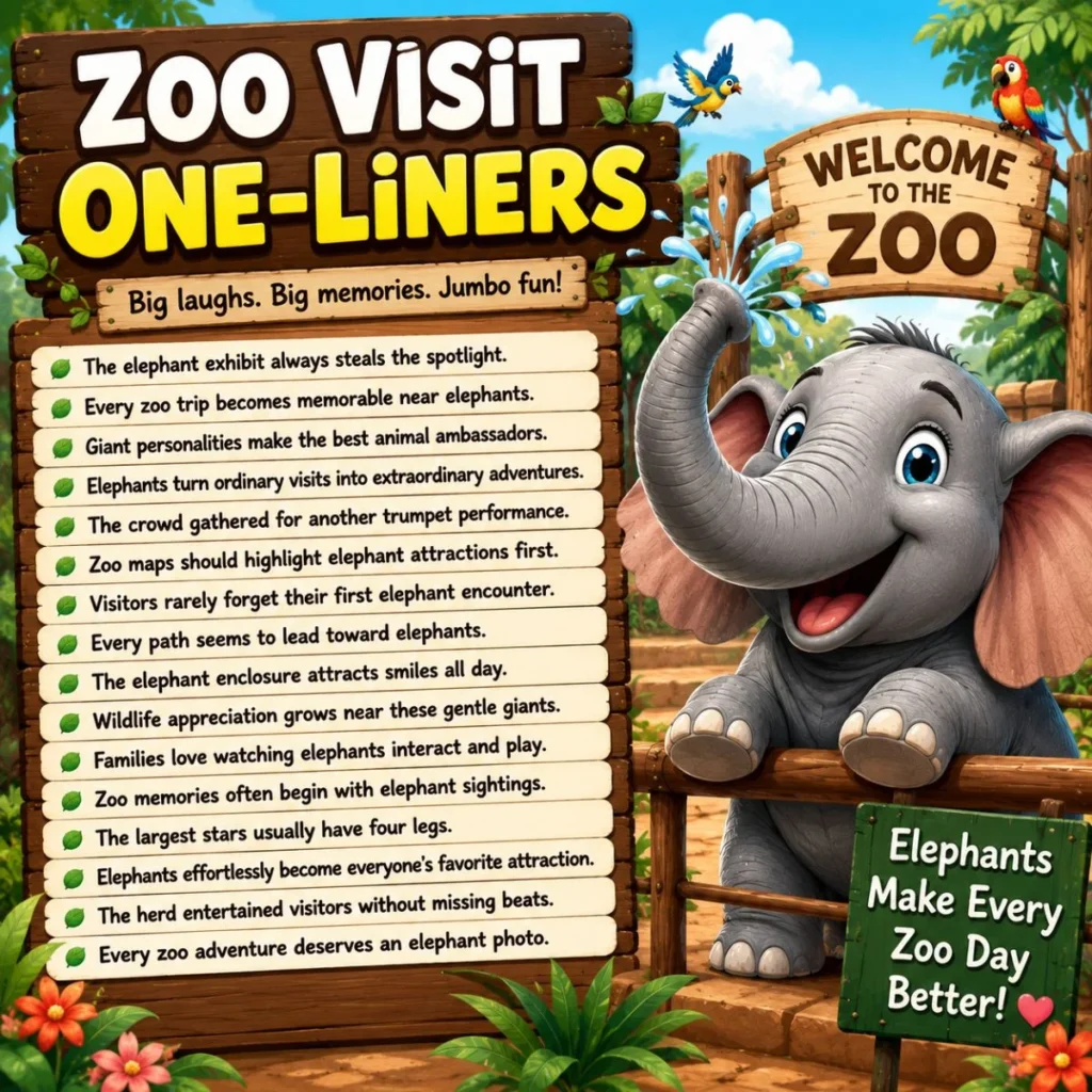 Happy cartoon elephant at a zoo with funny one-liners and colorful family-friendly animal humor poster