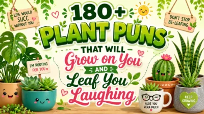 Colorful plant puns graphic with cute houseplants and the phrase 180+ Plant Puns That Will Grow on You.