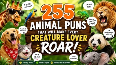 255 animal puns with a giraffe, lion, panda, elephant, dog, cat, parrot, and chameleon in a colorful jungle scene.