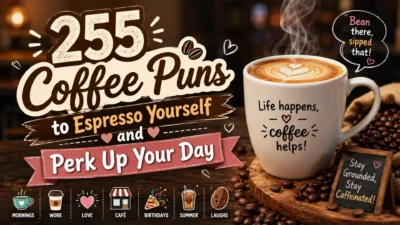 255 coffee puns graphic with a steaming latte, coffee beans, playful captions, and a warm café-style background.
