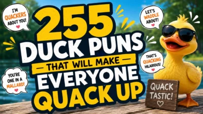 Funny yellow duck wearing sunglasses beside the title 255 Duck Puns That Will Make Everyone Quack Up
