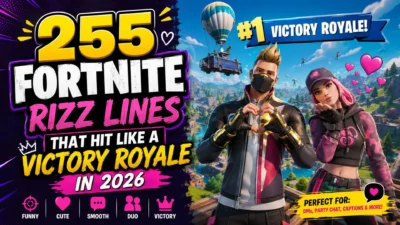 Fortnite rizz lines thumbnail with Victory Royale text, gamer characters, hearts, and Battle Bus scene
