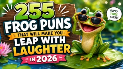 Cheerful frog wearing sunglasses on a lily pad with bold 255 frog puns title and colorful pond background.