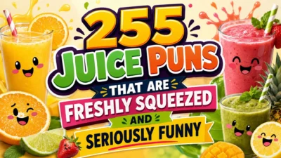 Colorful juice pun banner with smiling fruit drinks and the title 255 Juice Puns That Are Freshly Squeezed and Seriously Funny.