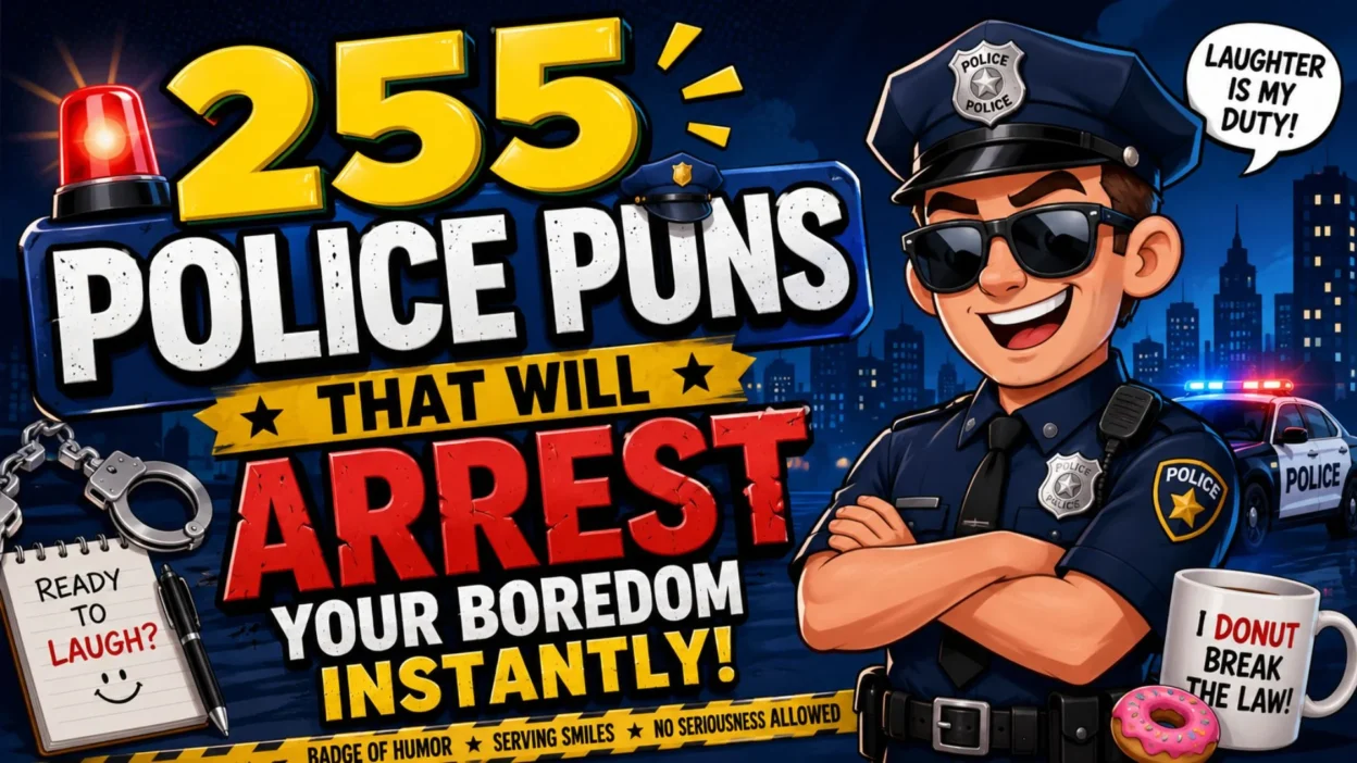 Cartoon police officer with patrol car, handcuffs, donut, and bold 255 Police Puns text.