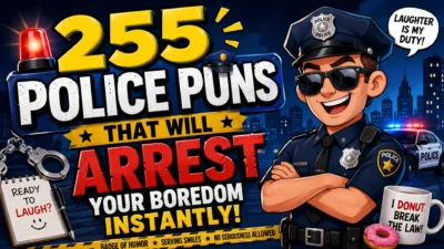 Cartoon police officer with patrol car, handcuffs, donut, and bold 255 Police Puns text.