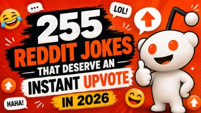 255 Reddit jokes thumbnail with Reddit mascot, laughing emojis, upvote icons, and bold orange text for 2026.