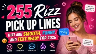 255 rizz pick up lines thumbnail with smiling woman texting, neon hearts, and bold 2026 dating text