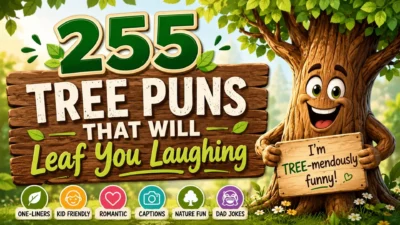 Colorful tree character beside a sign reading 255 Tree Puns That Will Leaf You Laughing.
