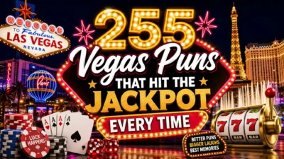 255 Vegas puns graphic with neon signs, casino chips, cards, dice, slot machine, and Las Vegas skyline.