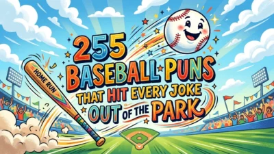 Baseball bat, ball, glove, and stadium graphic featuring 255 funny baseball puns for every fan.