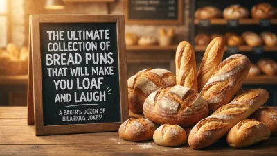 Bread puns collection with various loaves including sourdough, rye, and toast with funny pun phrases around them.