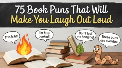 Colorful cartoon library scene with floating smiling books and pun speech bubbles for 75 book puns