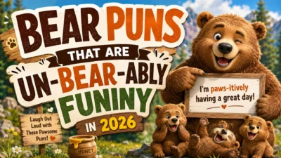 Cheerful cartoon bear with honey and playful text, Bear Puns That Are Un-Bear-Ably Funny in 2026.