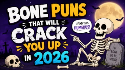 Cartoon skeleton in a spooky graveyard with “Bone Puns That Will Crack You Up in 2026” text.