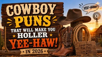 Cowboy puns banner with western hat, boots, rope, wooden sign, and sunset ranch background.