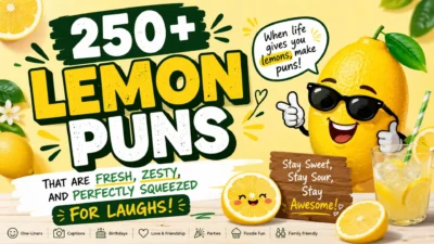 Funny lemon puns graphic with smiling lemon, lemonade, and bold zesty humor text