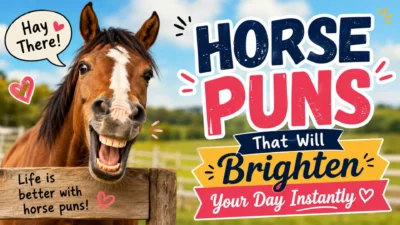 Funny horse smiling beside colorful “Horse Puns That Will Brighten Your Day Instantly” text in a sunny field.