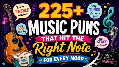 225+ music puns banner with guitar, microphone, piano, drum, notes, and colorful playful typography