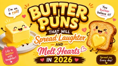 Cute butter and toast characters sharing laughs and love in a bright 2026 butter puns graphic.
