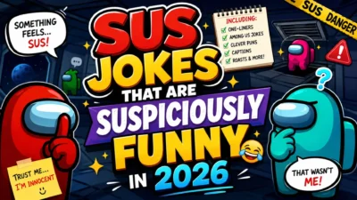 Colorful Sus Jokes thumbnail with cartoon crewmates and bold funny 2026 text in a spaceship.