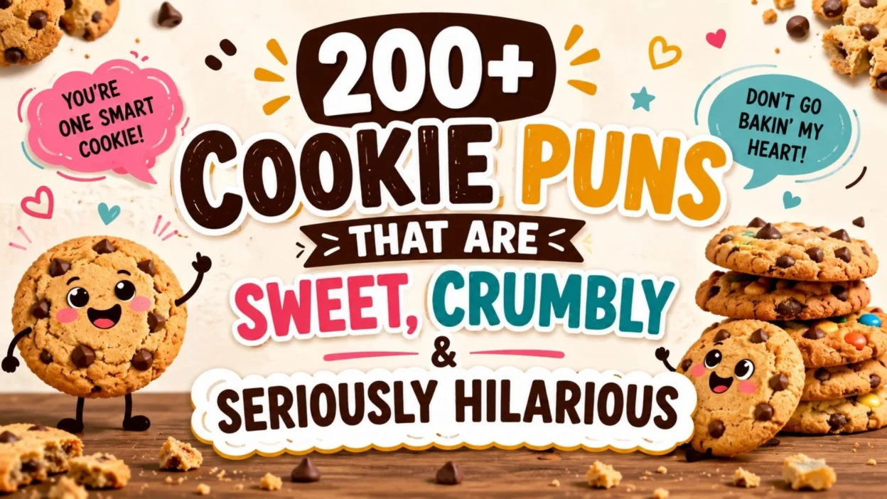 200+ cookie puns with funny chocolate chip cookies and playful baking-themed design
