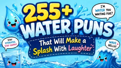 255+ Water Puns graphic with funny splash characters, waves, water drops, and colorful playful typography.