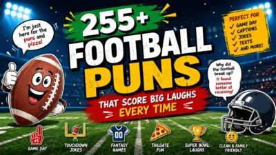 255+ football puns banner with cartoon football, stadium, helmet, jokes, and game-day humor.