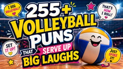 Funny volleyball puns graphic with smiling volleyball, bold text, and colorful speech bubbles in an indoor court.
