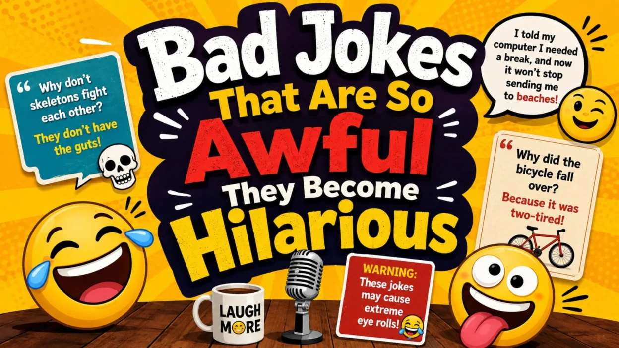 Bad jokes cartoon graphic with laughing emojis, funny punchlines, microphone, and colorful comic-style background.