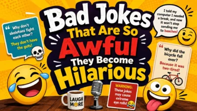 Bad jokes cartoon graphic with laughing emojis, funny punchlines, microphone, and colorful comic-style background.