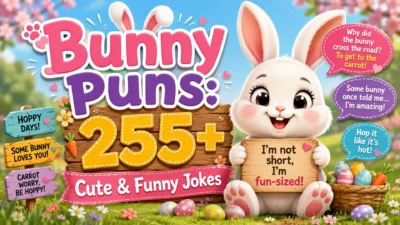Cute bunny puns graphic with a fluffy rabbit, carrots, Easter eggs, and 255+ cute and funny jokes.